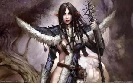 HD PC desktop wallpaper featuring a fantasy elf warrior from the video game Disciples, clad in armor with a staff, set against a mystical forest background.