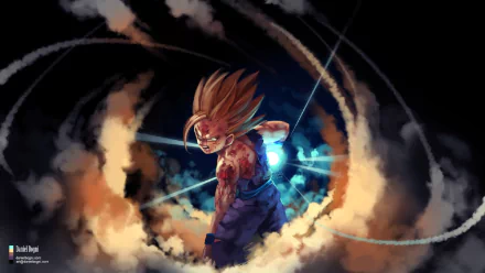 Gohan performing the Kamehameha technique, surrounded by energy and dramatic smoke effects, in a high-definition Dragon Ball Z wallpaper background.