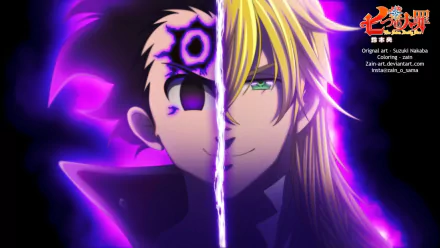 HD PC desktop wallpaper: split portrait of Zeldris (purple demon eye, dark aura) and Meliodas (blond hair, green eye) from the anime The Seven Deadly Sins, divided by a glowing vertical line.