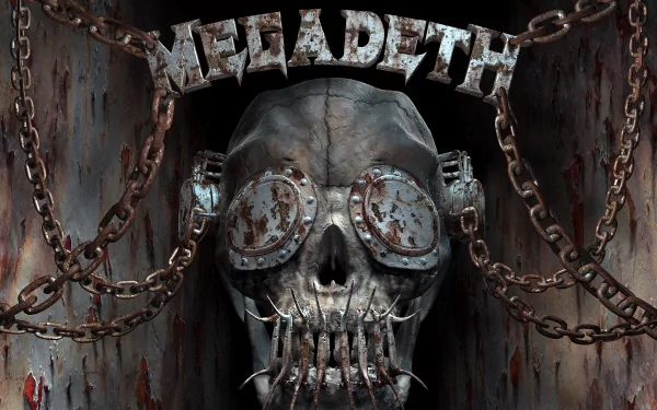 An HD desktop wallpaper featuring a stylized skull with goggles, chains, and the name Megadeth prominently displayed, capturing the essence of the iconic metal band.