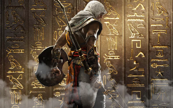 Bayek of Siwa from Assassin's Creed Origins stands with a bow and shield against a wall of glowing Egyptian hieroglyphs in this 4K Ultra HD PC desktop wallpaper.