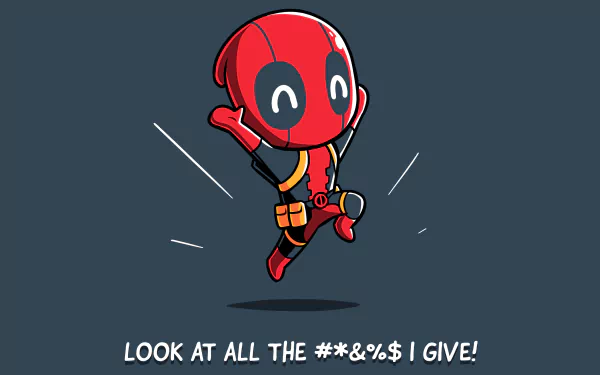 Comic-style Deadpool in vibrant 4K Ultra HD, striking a joyful pose with a humorous caption, designed as a PC desktop wallpaper and background.