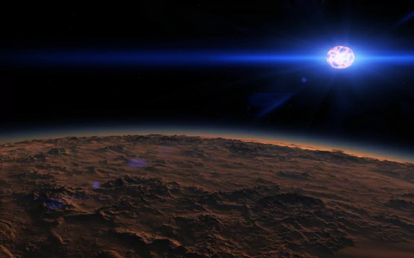 A stunning 8K Ultra HD planetscape featuring a distant sun illuminating a textured planetary surface, set against the vastness of space in a captivating sci-fi theme.