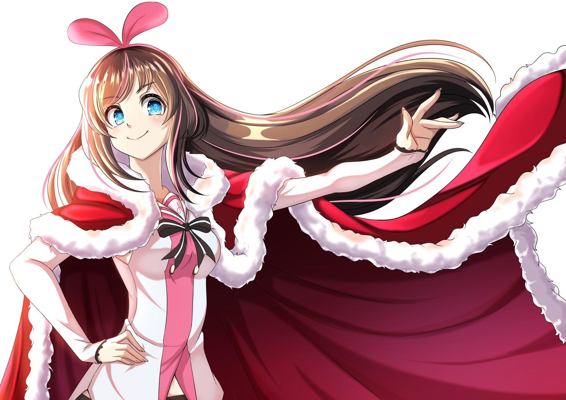 Kizuna AI anime character with flowing hair and red fur-trimmed cape, smiling and striking a pose — 4K Ultra HD PC desktop wallpaper and AI Channel background.