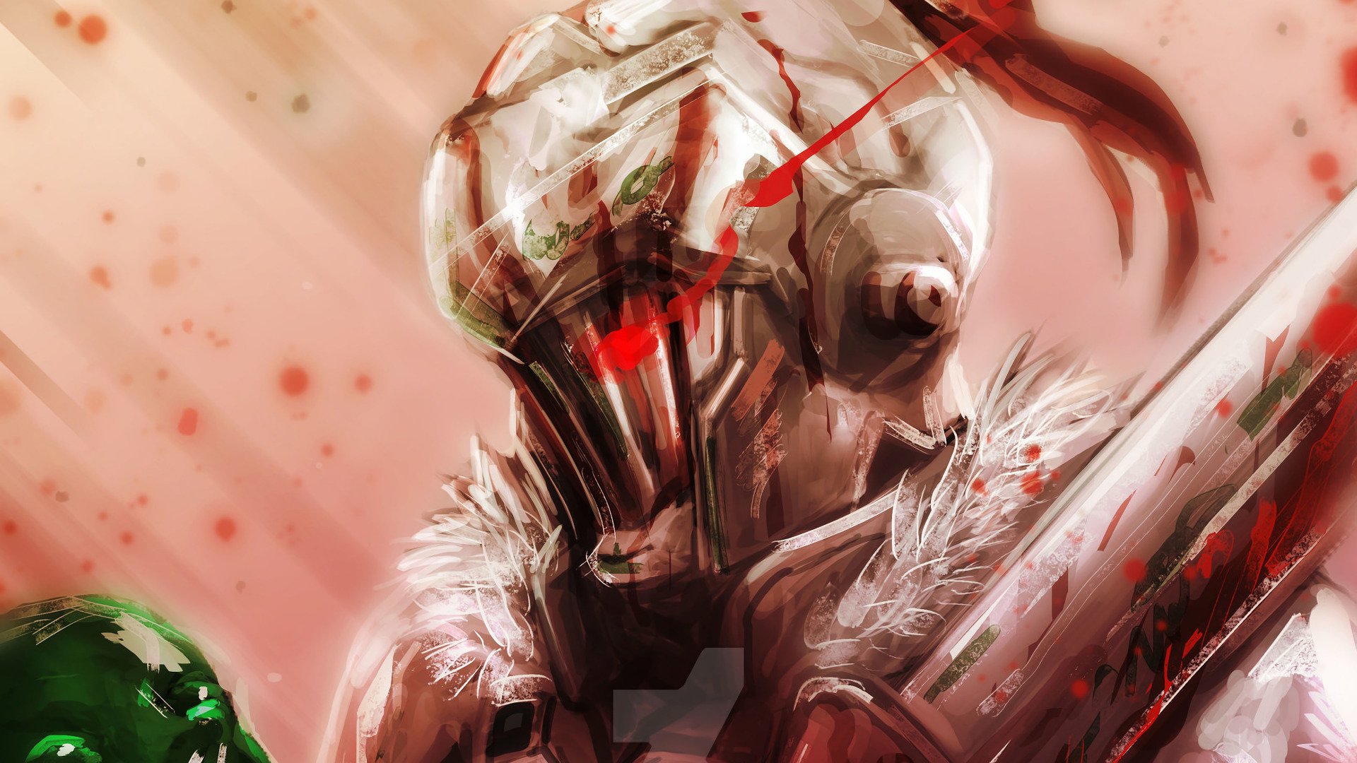HD anime desktop wallpaper featuring Goblin Slayer in detailed armor with blood splatters and a focused red glow from his helmet's eye slit.