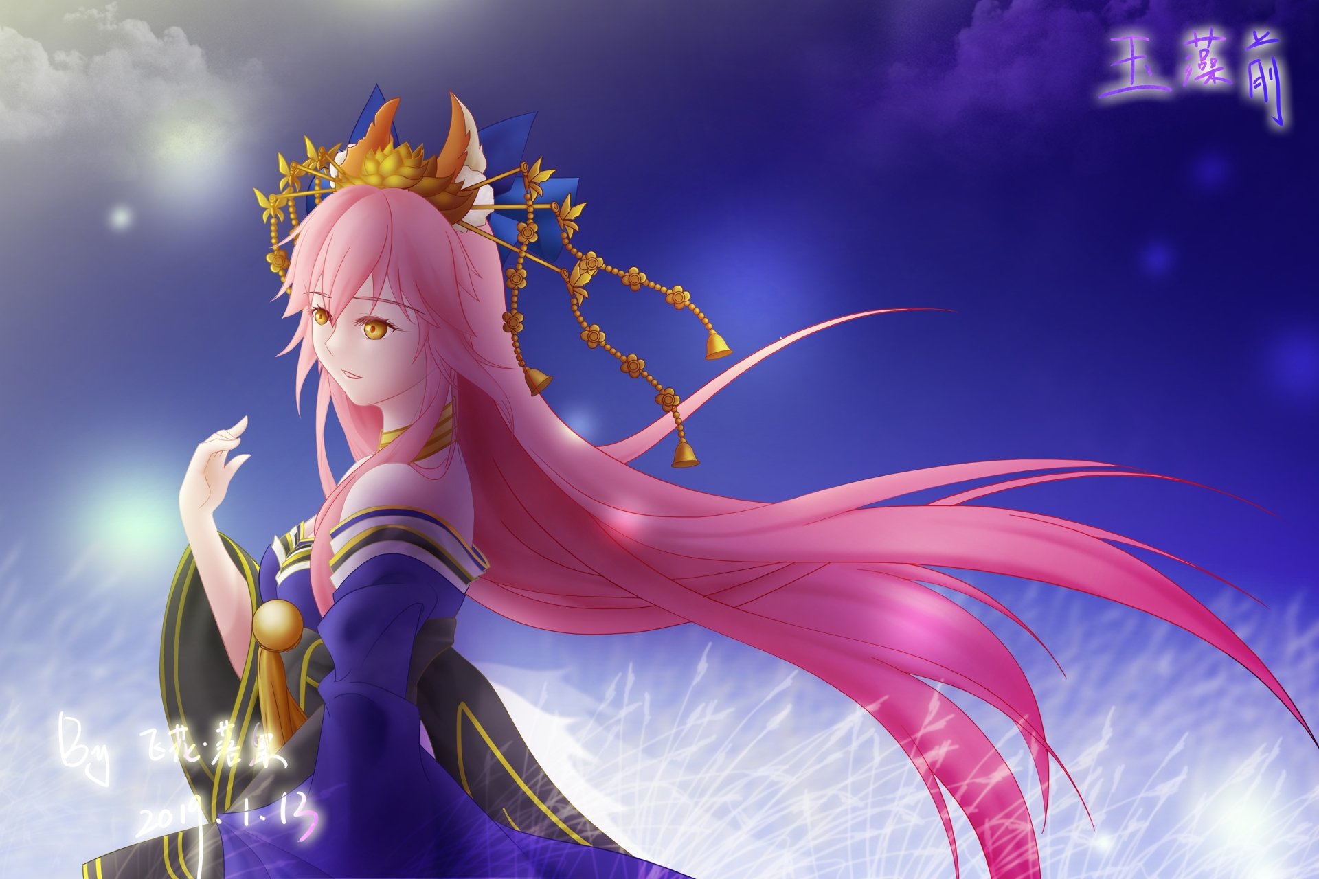 HD PC desktop wallpaper featuring Tamamo no Mae from Fate/Grand Order, depicted in vibrant anime style with flowing pink hair and intricate golden accessories.