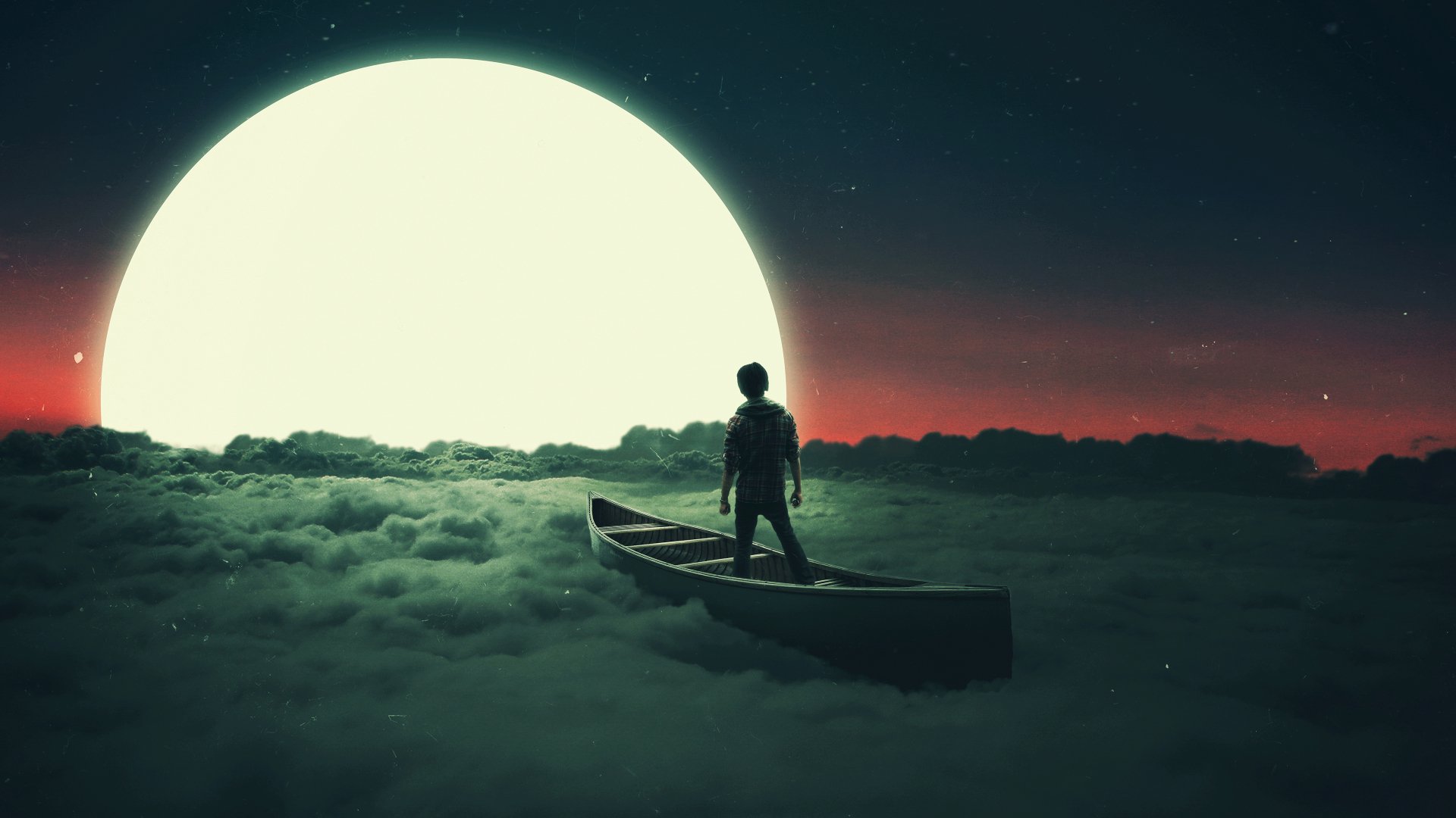 A person stands in a canoe on a sea of clouds, facing a large, glowing moon. Fantasy and dream elements create a surreal HD desktop wallpaper and background.
