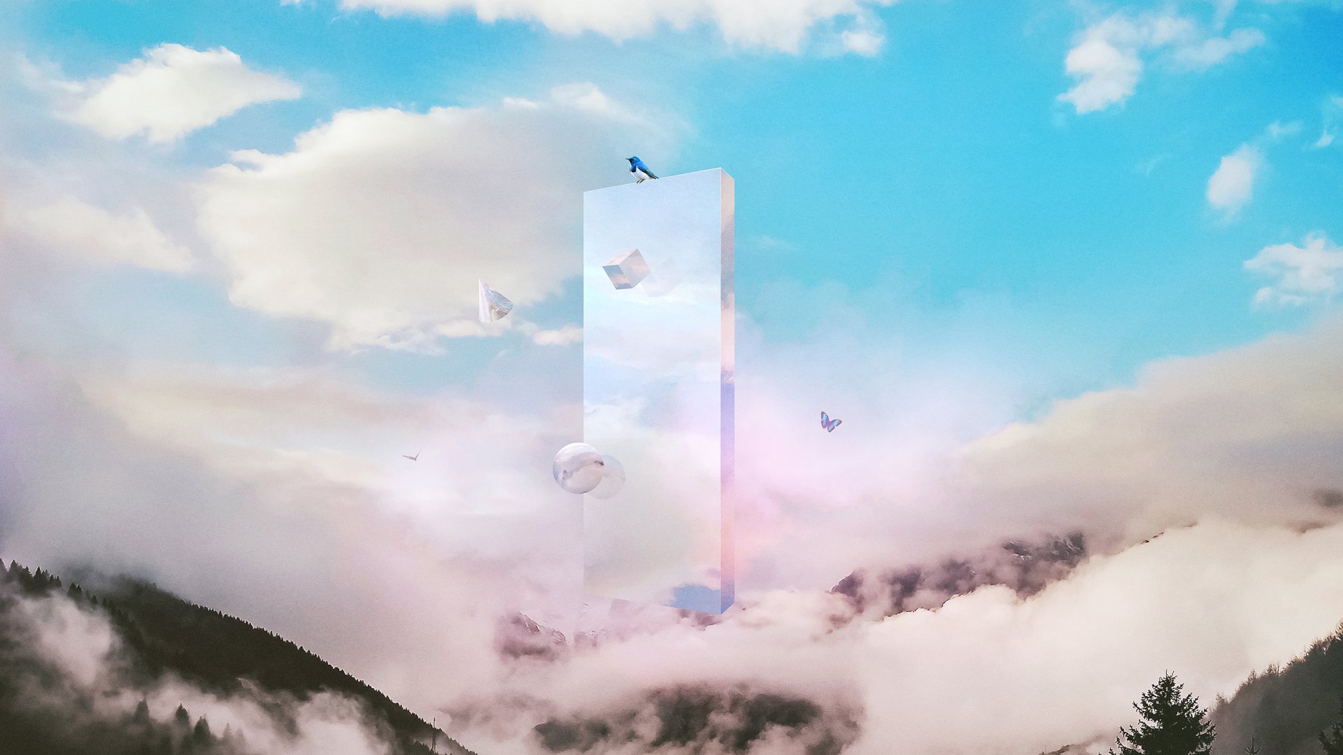 HD desktop wallpaper featuring a surreal scene with a vertical strip reflecting a diver and birds amidst fluffy clouds and mountainous backdrop.