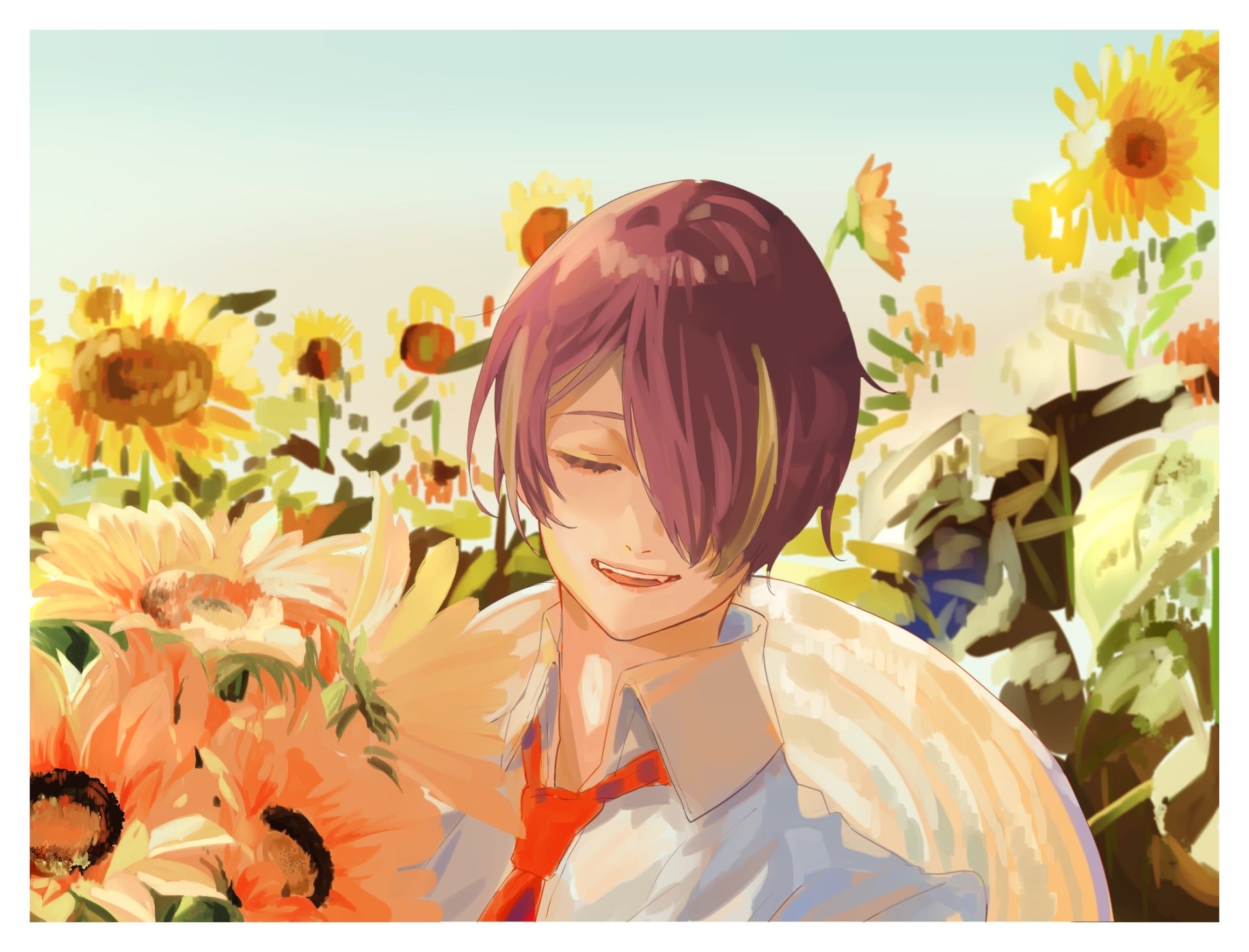 HD PC desktop wallpaper of Shinobu Sengoku from the video game Ensemble Stars!: smiling amid a bright sunflower field in a school uniform with a red tie, bathed in warm sunlight.