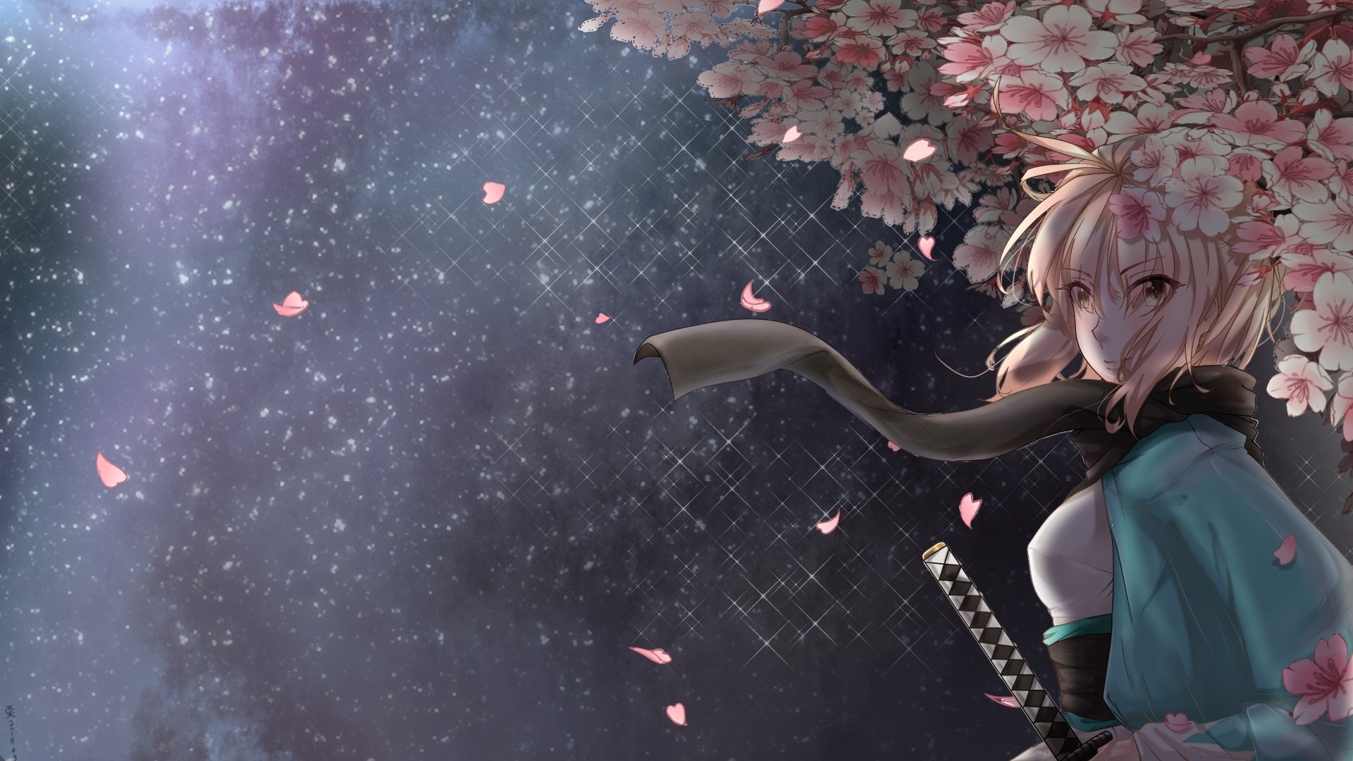 HD anime desktop wallpaper featuring Okita Souji from Fate/Grand Order under cherry blossoms with glowing petals against a starry night sky.