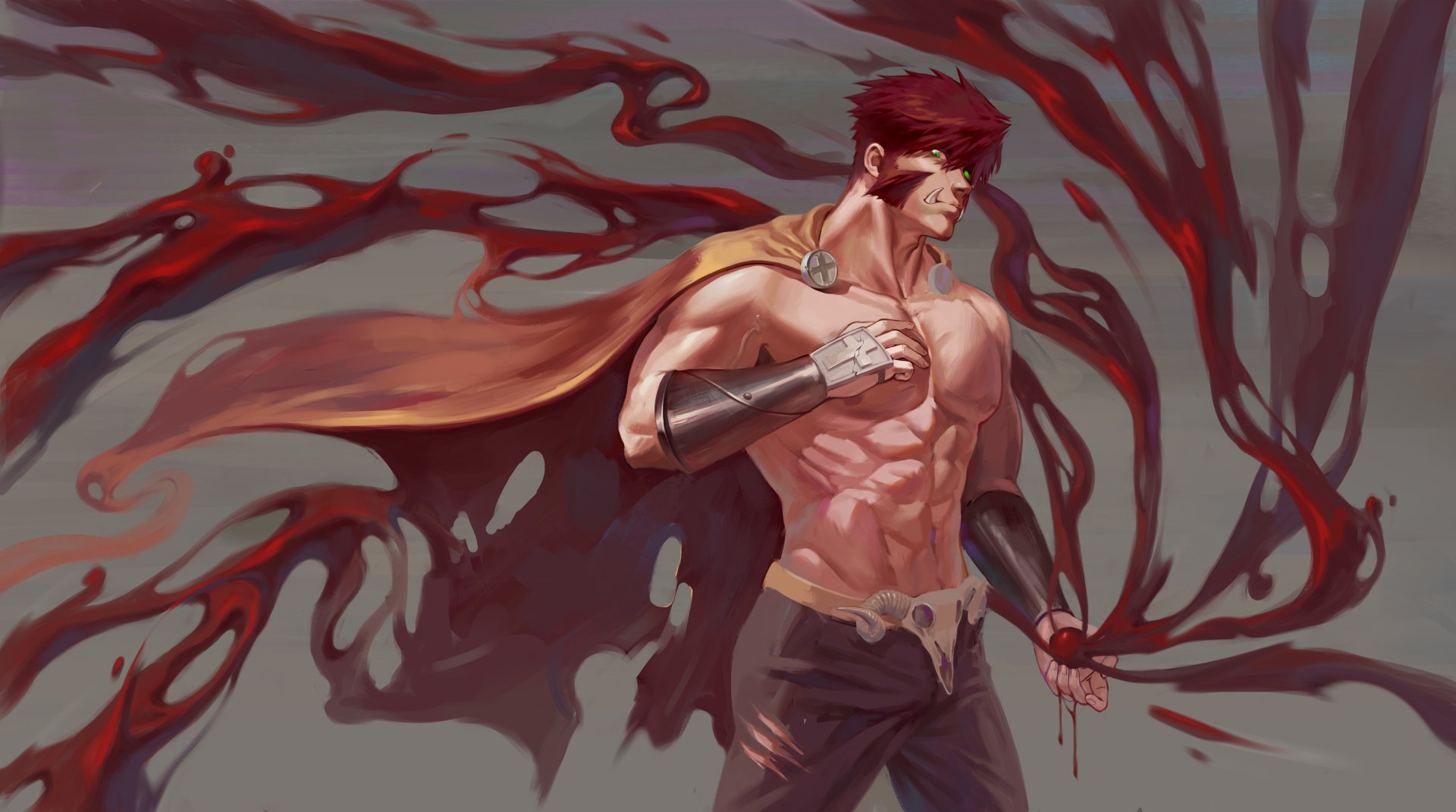 Klaus Von Reinherz from Blood Blockade Battlefront — anime 5K Ultra HD PC wallpaper showing a muscular, shirtless Klaus with a cape and blood-red tendrils streaming from his arm.