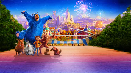 Wonder Park movie 8K Ultra HD PC desktop wallpaper: vibrant amusement park scene with a girl and her anthropomorphic animal friends in foreground, glowing rides and fireworks in the sky.