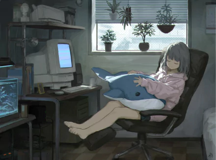 An anime girl in a pink hoodie rests in a chair, holding a plush whale. The room has an old computer, plants by the window, and an aquarium, creating a serene and nostalgic atmosphere. HD wallpaper.