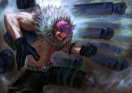 HD PC desktop wallpaper featuring Charlotte Katakuri from the anime One Piece, depicted in a dynamic, intense battle pose surrounded by multiple giant fists.