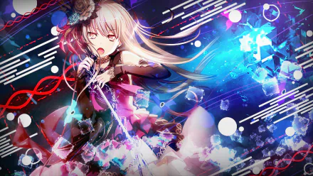 HD desktop wallpaper featuring Yukina Minato from BanG Dream! in a dynamic pose, surrounded by vibrant colors and abstract designs.