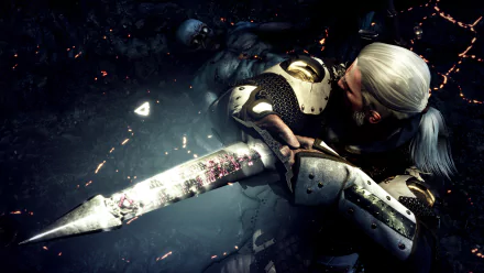 Geralt of Rivia from The Witcher 3: Wild Hunt wields a blood-stained sword in this detailed 8K Ultra HD video game desktop wallpaper.