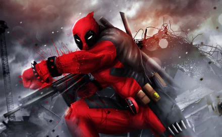 HD desktop wallpaper featuring Deadpool in action pose, set against a chaotic battlefield backdrop.