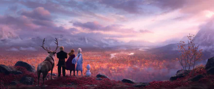 A scenic view featuring Kristoff, Anna, Elsa, Olaf, and Sven from *Frozen 2*, standing together and gazing at a vibrant autumn landscape under a dramatic sky. 4K Ultra HD detail.