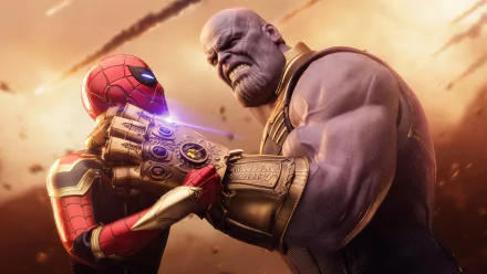 4K Ultra HD desktop wallpaper featuring Thanos gripping Spider-Man from Avengers: Infinity War, capturing an intense cinematic moment.