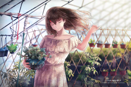 Anime-style original artwork of a girl holding a flower pot in a greenhouse, rendered in 4K Ultra HD for PC desktop wallpaper and background.