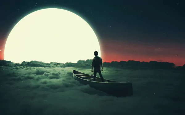 A person stands in a canoe on a sea of clouds, facing a large, glowing moon. Fantasy and dream elements create a surreal HD desktop wallpaper and background.