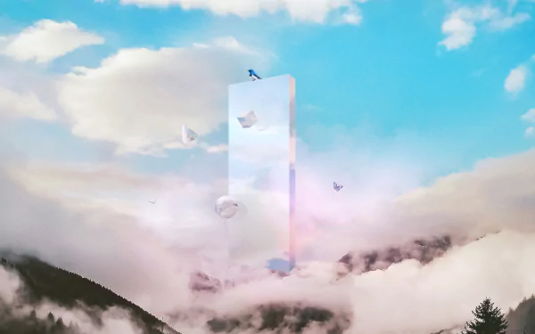HD desktop wallpaper featuring a surreal scene with a vertical strip reflecting a diver and birds amidst fluffy clouds and mountainous backdrop.