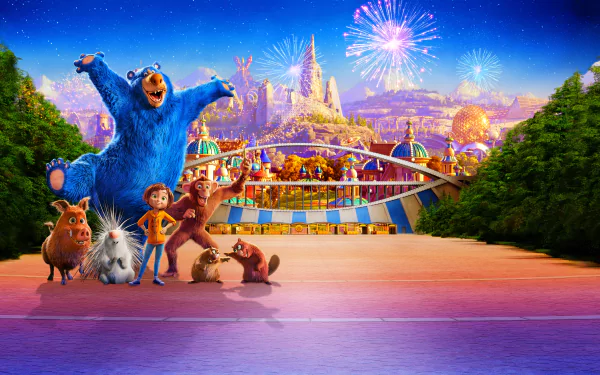 Wonder Park movie 8K Ultra HD PC desktop wallpaper: vibrant amusement park scene with a girl and her anthropomorphic animal friends in foreground, glowing rides and fireworks in the sky.