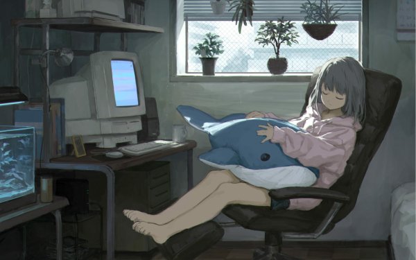 Anime Original Ballena Ordenador Chair Aquarium Planta Resting Fondo de pantalla HD | Fondo de Escritorio