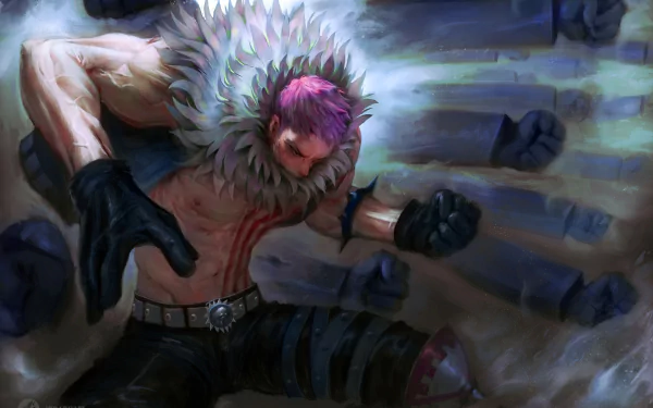 HD PC desktop wallpaper featuring Charlotte Katakuri from the anime One Piece, depicted in a dynamic, intense battle pose surrounded by multiple giant fists.