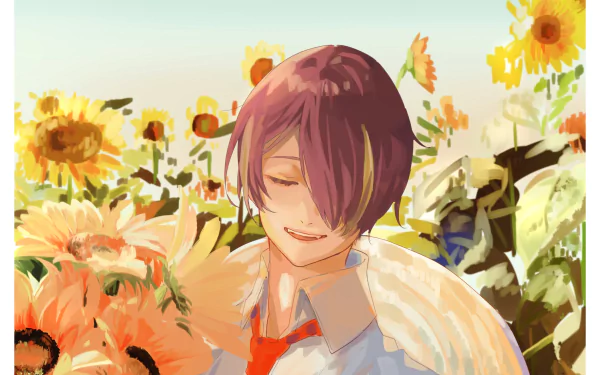 HD PC desktop wallpaper of Shinobu Sengoku from the video game Ensemble Stars!: smiling amid a bright sunflower field in a school uniform with a red tie, bathed in warm sunlight.