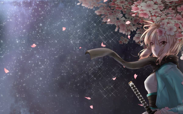 HD anime desktop wallpaper featuring Okita Souji from Fate/Grand Order under cherry blossoms with glowing petals against a starry night sky.
