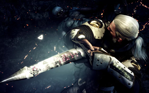 Geralt of Rivia from The Witcher 3: Wild Hunt wields a blood-stained sword in this detailed 8K Ultra HD video game desktop wallpaper.