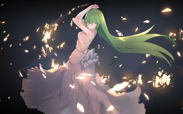 Anime artwork of a woman with green hair and heterochromia, wearing a white dress and dancing at night. The image has a dynamic glow and falling petals, and serves as a high-definition desktop wallpaper.