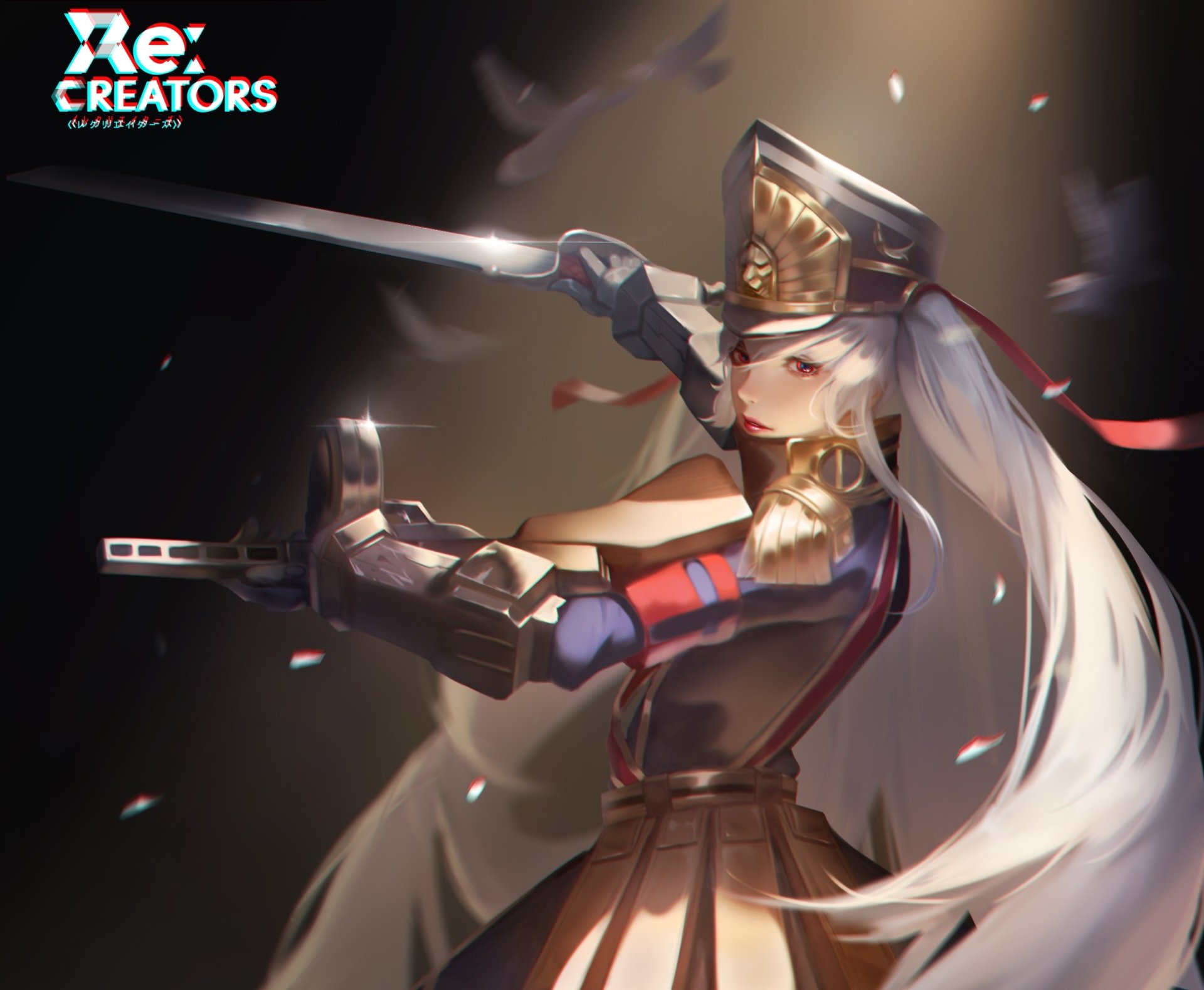 Altair (Re:Creators) in a dynamic sword pose, long silver hair and regal uniform, anime HD PC desktop wallpaper/background with dramatic lighting and focused expression.