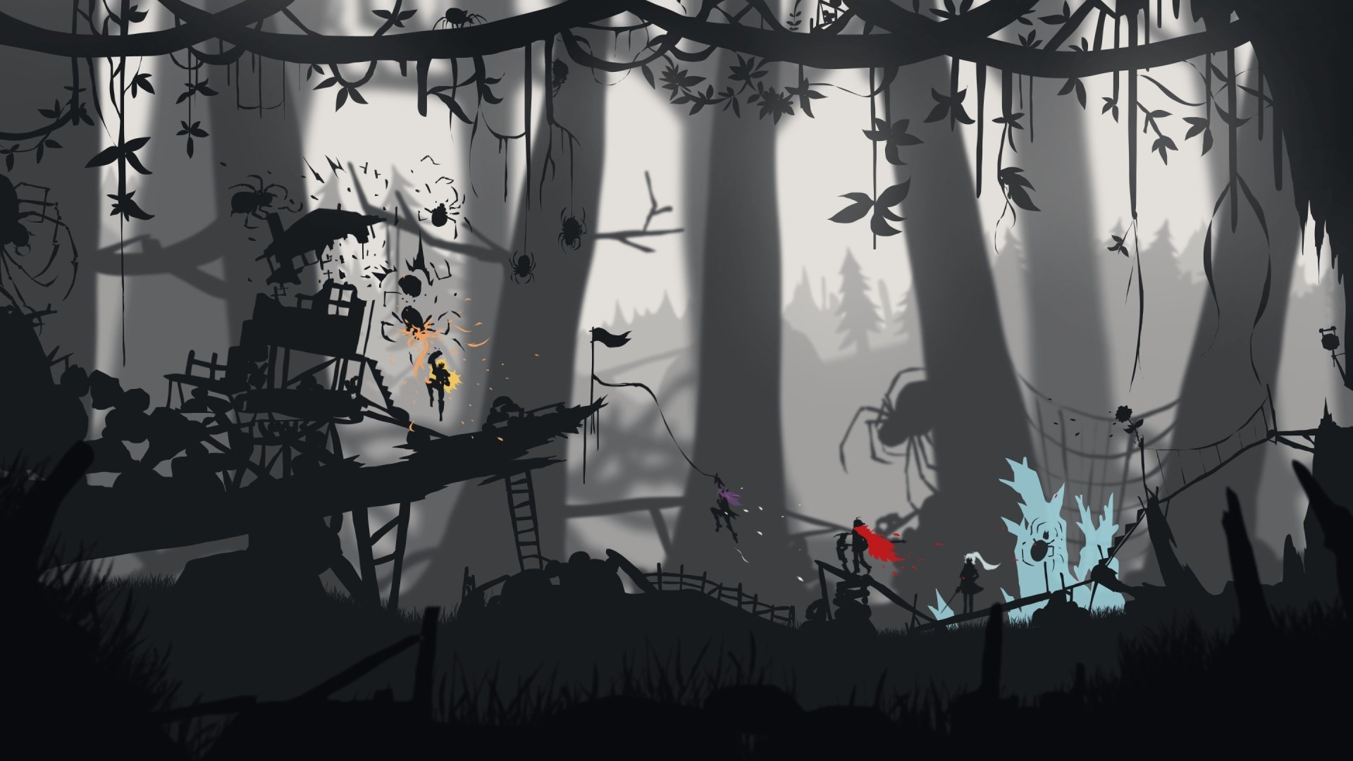 HD PC desktop wallpaper featuring a dark, stylized forest scene from the anime RWBY with silhouetted characters and glowing highlights.