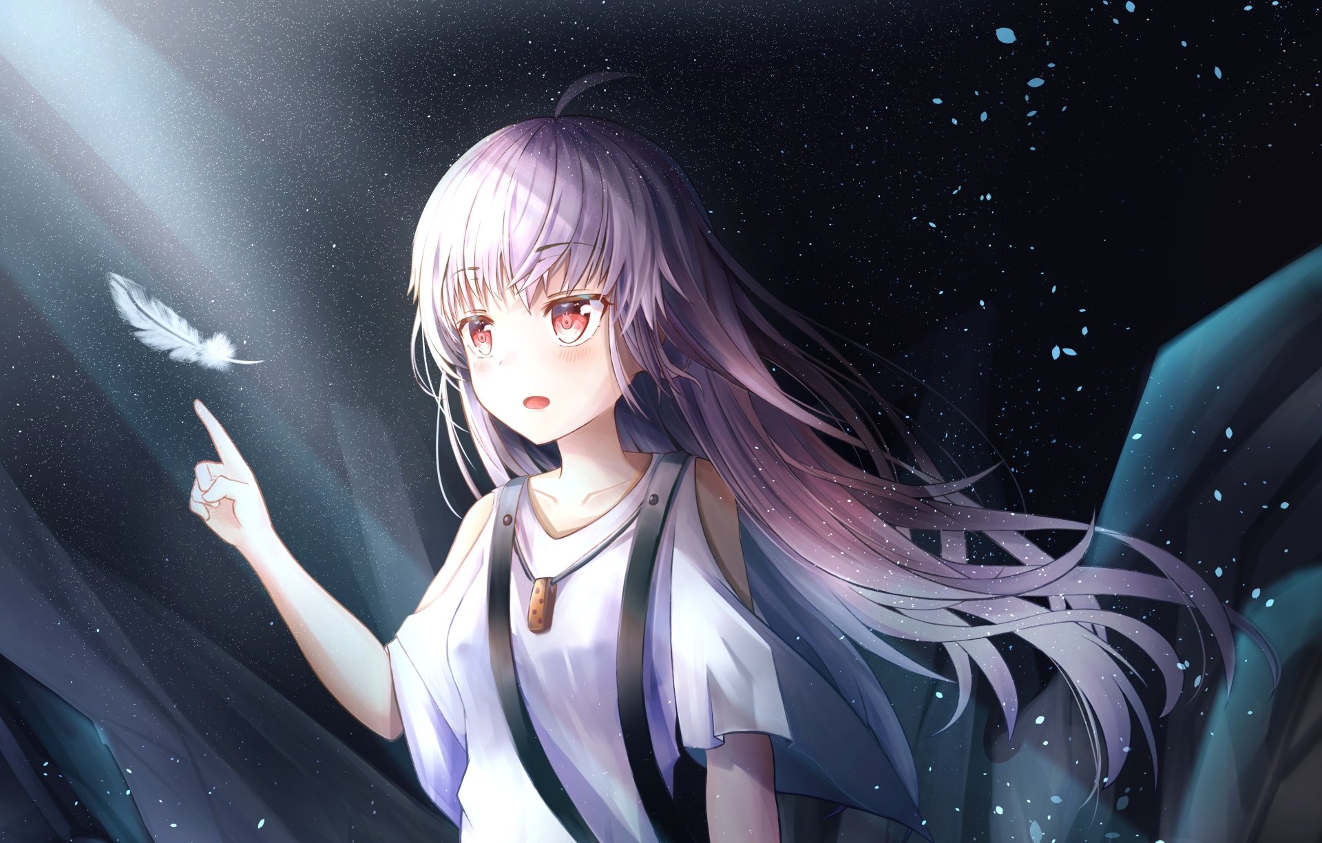 HD desktop wallpaper featuring an original anime character with long hair, holding a floating feather in a mystical, starry background.
