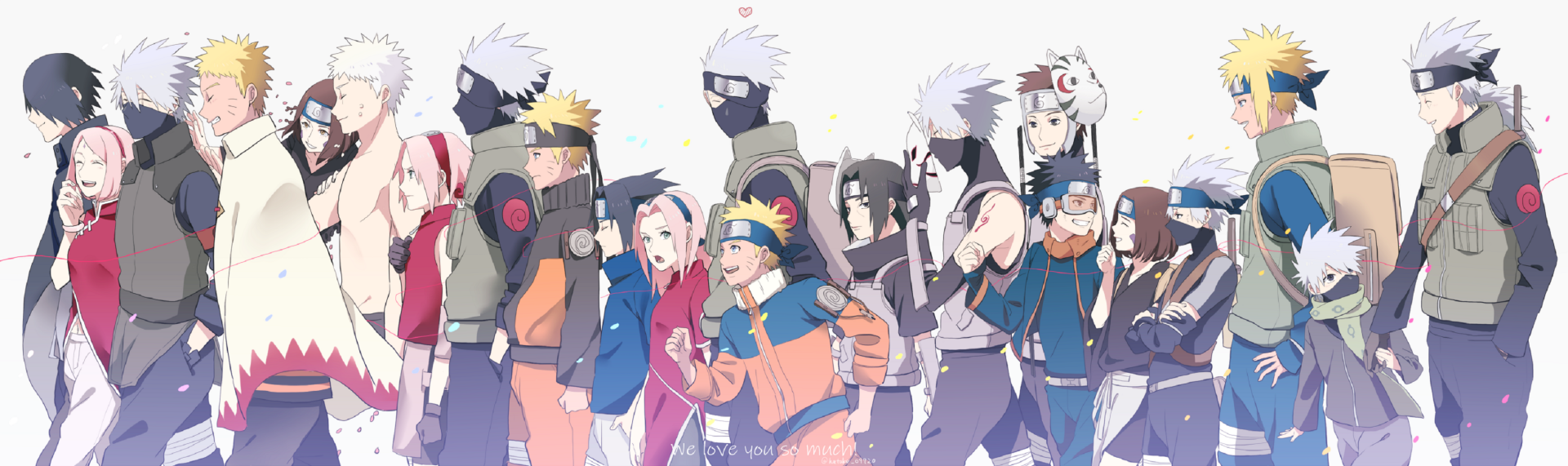 Naruto characters in a group HD desktop wallpaper featuring Rin, Minato, Itachi, Obito, Kakashi, Sasuke, Sakura, and Naruto Uzumaki.