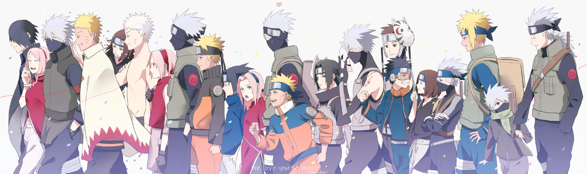 HD anime desktop wallpaper featuring key Naruto characters including Naruto Uzumaki, Sasuke and Itachi Uchiha, Kakashi Hatake, Sakura Haruno, Minato Namikaze, Rin Nohara, and Obito Uchiha.
