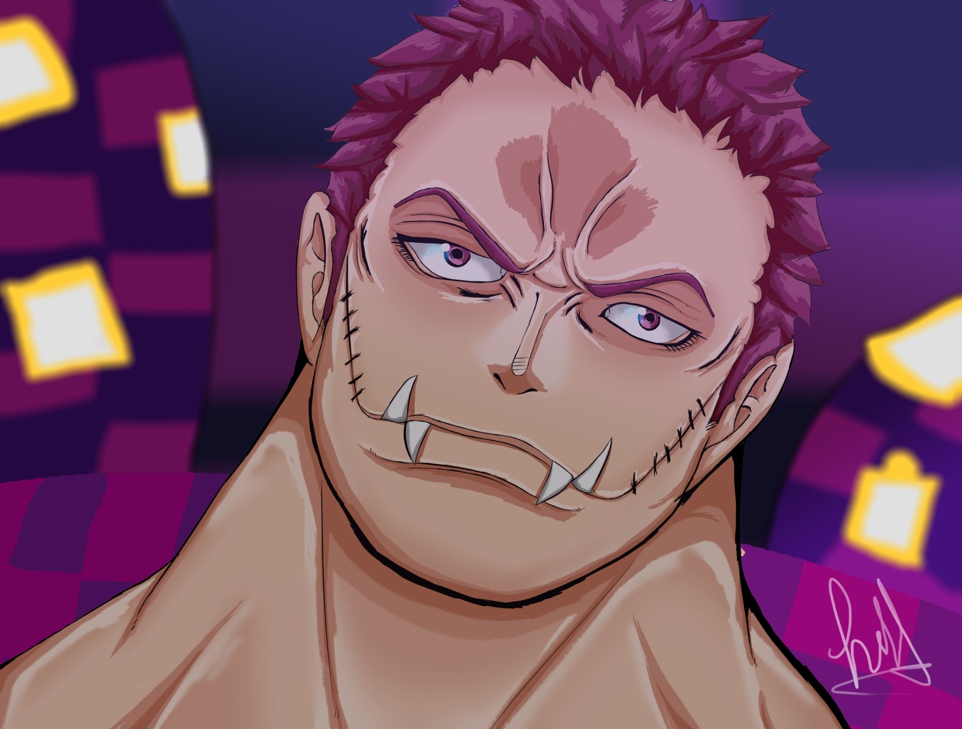 Close-up of Charlotte Katakuri from One Piece with a fierce stare, facial scars and tusk-like teeth — anime 5K Ultra HD PC desktop wallpaper background.
