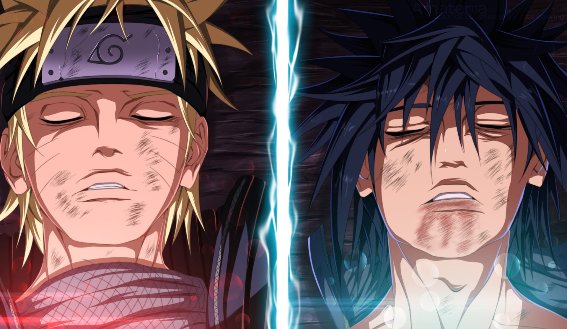 HD PC desktop anime wallpaper of Naruto & Sasuke (Naruto Uzumaki, Sasuke Uchiha): lying side-by-side with eyes closed, battle-scarred faces divided by a crack of blue lightning.