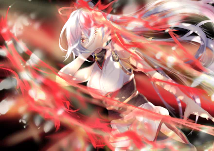 Illuminated by vibrant red accents, Tomoe Gozen from Fate/Grand Order stands poised, showcasing dynamic movement in this stunning 4K Ultra HD anime wallpaper.