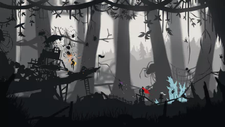 HD PC desktop wallpaper featuring a dark, stylized forest scene from the anime RWBY with silhouetted characters and glowing highlights.