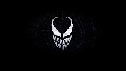 Minimalist comic-style Venom face in white on a black webbed backdrop — 4K Ultra HD PC desktop wallpaper/background.
