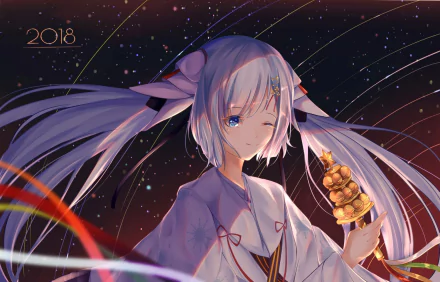 Hatsune Miku Vocaloid anime HD PC desktop wallpaper: winking twin‑tailed Miku in a kimono-like outfit, holding a golden ornament against a starry, ribboned night sky.