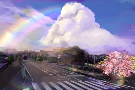 HD desktop wallpaper featuring a vibrant anime-style scene with a road lined by cherry blossom (sakura) trees, a rainbow, and a bright blue sky with fluffy clouds, evoking the feeling of springtime.