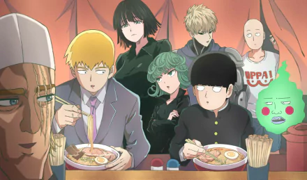 HD desktop wallpaper of a crossover between Mob Psycho 100 and One-Punch Man featuring popular characters like Saitama, Genos, and Shigeo Kageyama dining together.