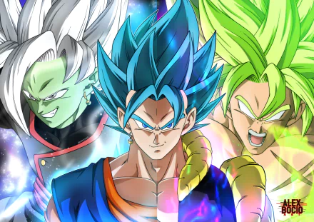 HD desktop wallpaper featuring Zamasu, Gogeta in Super Saiyan Blue form, and Broly in Super Saiyan Green form from Dragon Ball Super. Tags include Ultra Instinct, Dragon Ball crossover, and anime.