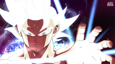4K Ultra HD Dragon Ball Super anime wallpaper featuring a powerful character with glowing white hair and intense energy effects on a dark blue background.