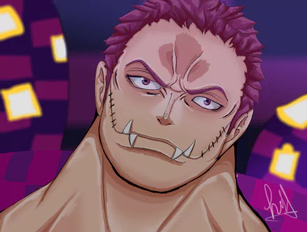 Close-up of Charlotte Katakuri from One Piece with a fierce stare, facial scars and tusk-like teeth — anime 5K Ultra HD PC desktop wallpaper background.