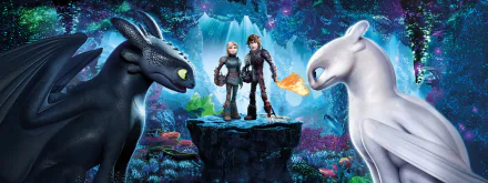 HD wallpaper from How to Train Your Dragon: The Hidden World featuring Hiccup, Astrid, Toothless, and the White Night Fury standing on a cliff amid a colorful, mystical backdrop.
